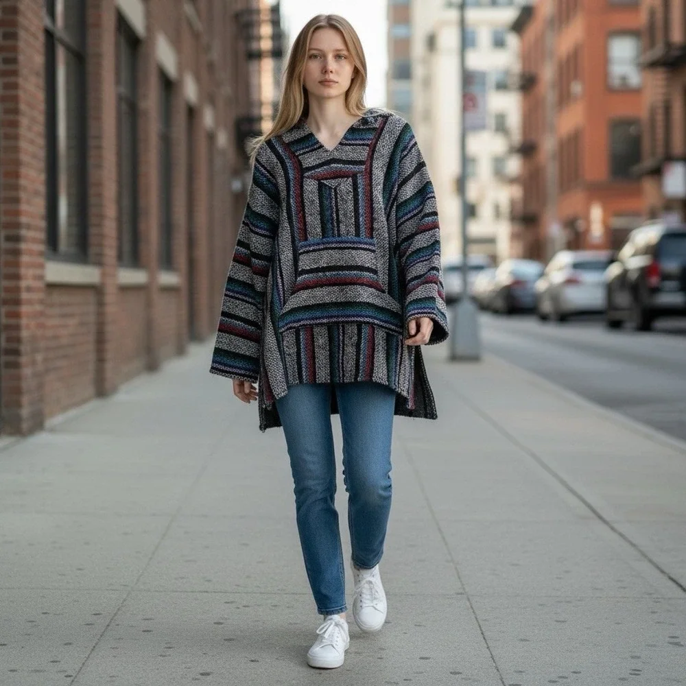 Vintage Franks Textiles Multicolor Striped Baja Hoodie Hippie Poncho Med Sweater - Picture 2 of 11